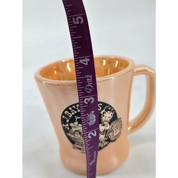 Mid Century J A Bayless Fireking Advertising Grocery Peach Luster Handled Mug - Picture 6 of 8